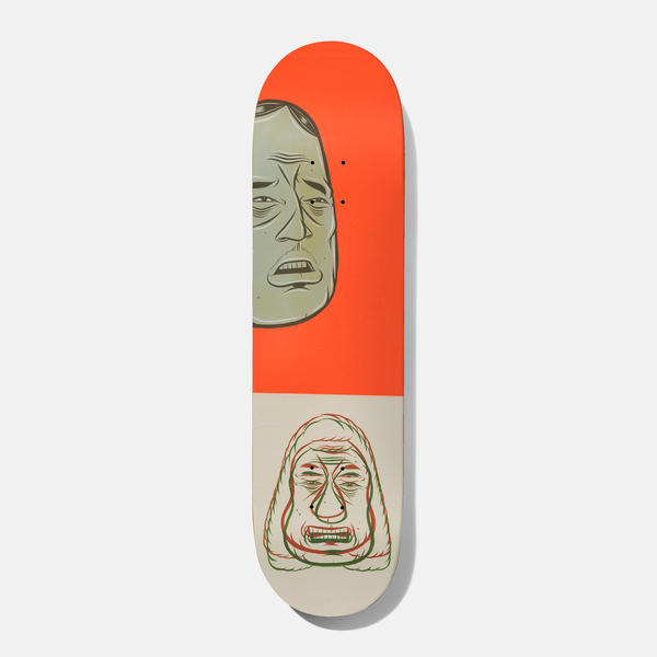 Baker Dollin Barry 8.125 skateboard deck: Split orange and cream deck with a large grey-green cartoon face at the top, in the style of Barry McGee, and a smaller red and green outlined hooded face on the cream tail.
