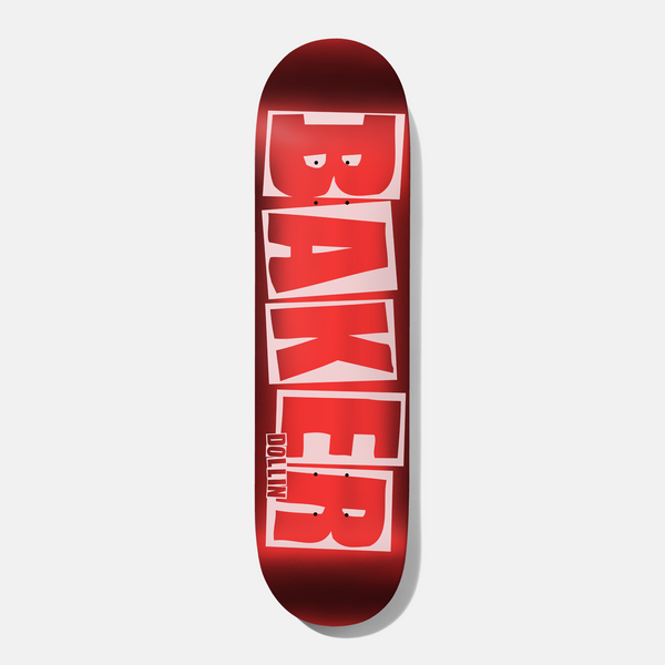 Baker Dollin Brand Name Red Foil B2 8.25 skateboard deck: Large stacked BAKER block-letter logo in red with pale pink outlines filling the whole deck, on a glossy red foil background shading to dark red at the edges. Small DOLLIN credit beside the final letters.