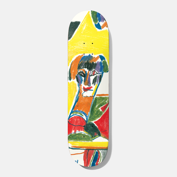 Baker Dollin Presley 8.0 skateboard deck: Loose wax-crayon style drawing of a stylised face with multicoloured hair and a red mouth, on a yellow triangular background. Red, green and orange shapes form the body below on a white deck.