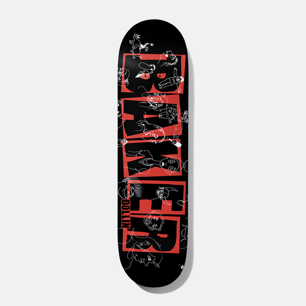 Baker Dustin Brand Name Sketch 8.0 skateboard deck: Black deck with the Baker logo in large red blocky letters running down its length, overlaid with white line-drawn sketches of grotesque characters and creatures. Dollin name printed vertically near the tail.