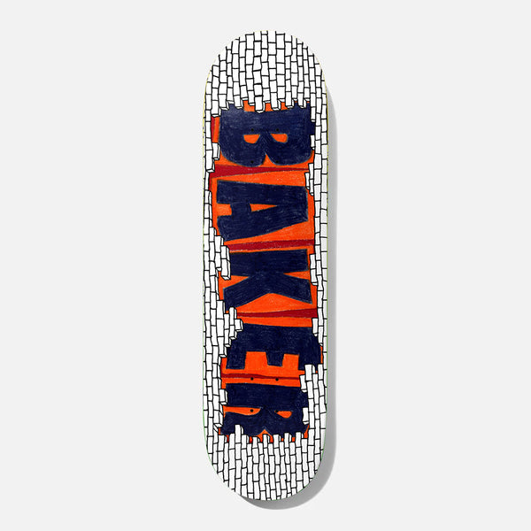 Baker Dustin Exposed 8.25 skateboard deck: The Baker logo in hand-coloured navy letters with orange and red shading, appearing to break through a white brick wall drawn in black outline.