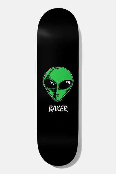 Baker Figgy Baker, CA 8.5 skateboard deck: Black deck with a green alien head with large black eyes in the centre and the word Baker in white handwritten letters beneath.