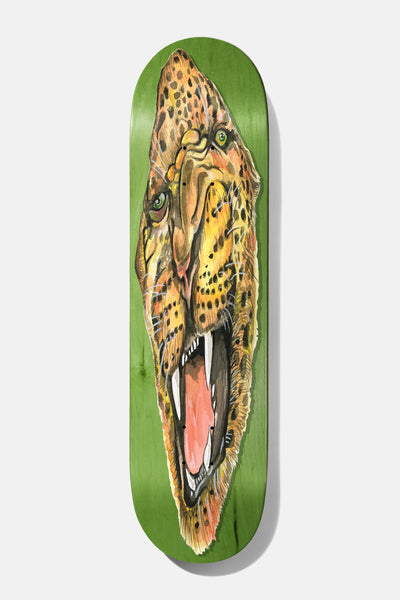 Baker Figgy Big Cats 8.5 skateboard deck: Painted close-up of a spotted leopard head with open mouth and fangs, stretched along the length of a green deck.