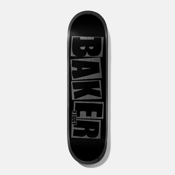 Baker Figgy Brand Name Black/Grey 8.38 skateboard deck: Large Baker brand logo in tone-on-tone black and grey capital block letters running down a black deck, with 'Figgy' in small letters beside the R.