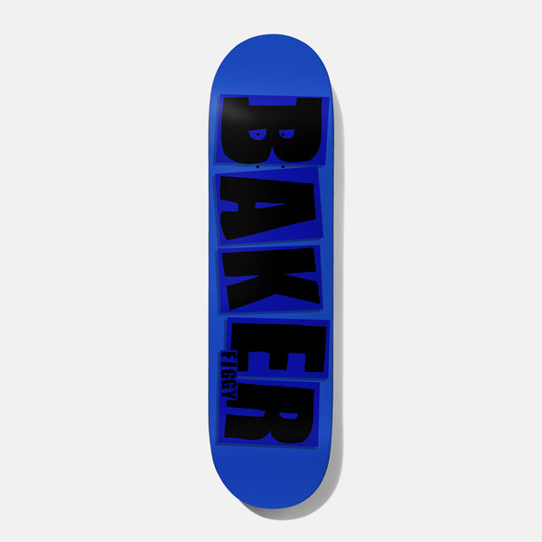 Baker Figgy Brand Name Blue/Black B² 8.125 skateboard deck: Plain blue deck with the Baker logo in large black block capitals running down its length, each letter on a slightly offset dark blue box, with a small rider name beside the final letter.