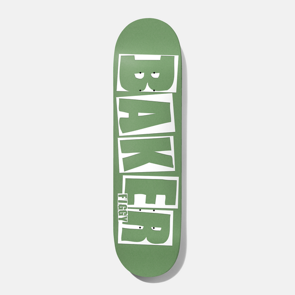 Baker Figgy Brand Name Moss B2 8.25 skateboard deck: The Baker logo in large, chunky white block letters with irregular outlines fills the deck, with small cartoon eyes in the B and R, on a flat moss-green ground. 'Figgy' runs vertically beside the lower letters.