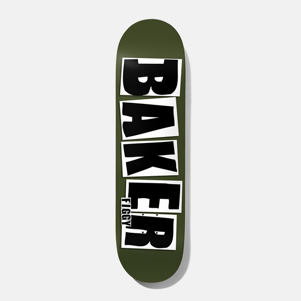 Baker Figgy Brand Name Forest Matte 8.5 skateboard deck: Dark green deck with the Baker logo in large black blocky letters on white tiles running down its length. Figgy name printed small beside the E.