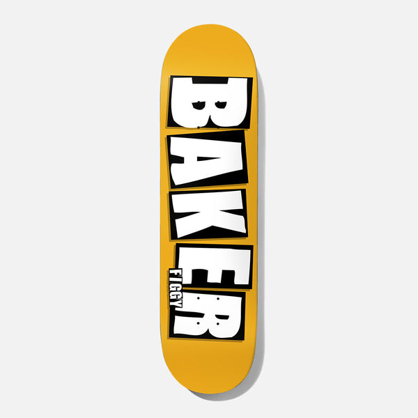 Baker Figgy Brand Name Mustard B2 8.5 skateboard deck: The Baker logo in large white block letters on black rectangles runs up the length of a mustard yellow deck, with the rider name in small text beside the lower letters.