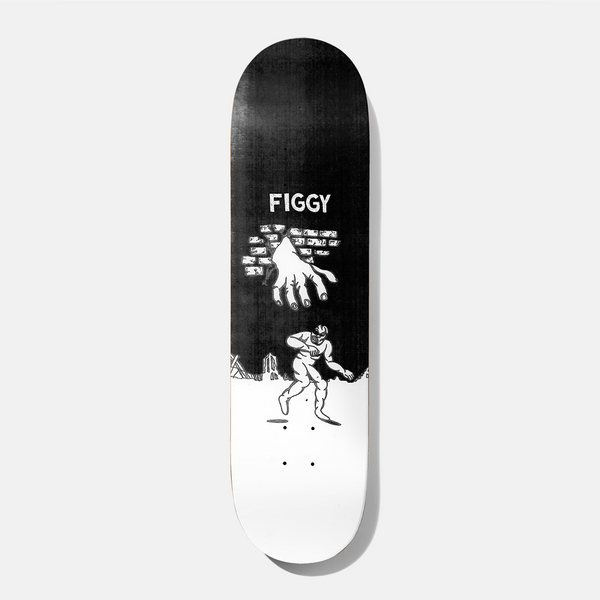 Baker Figgy Crop Circles 8.0 skateboard deck: Black and white drawing of a giant hand emerging from a brick wall above a running figure in a mask, with small fence-like structures on the horizon. Figgy name in white at the top; lower half of deck is white.