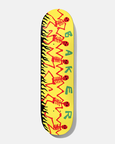 Baker Figgy Dancing Skellies 8.5 skateboard deck: A line of red skeletons in a dancing zigzag chain down a yellow deck, with black flames up the left edge and green Baker lettering spelled out vertically.