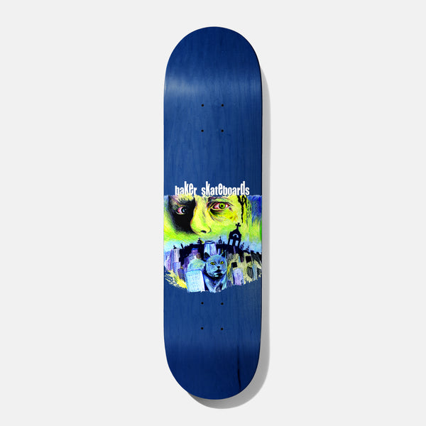 Baker Figgy Dead Is Better 8.25 skateboard deck: Painted close-up of a green-lit face with wide eyes above a graveyard with crosses and a grey cat sitting among headstones, in a ragged-edged panel across a dark blue stained deck. Baker Skateboards written above.