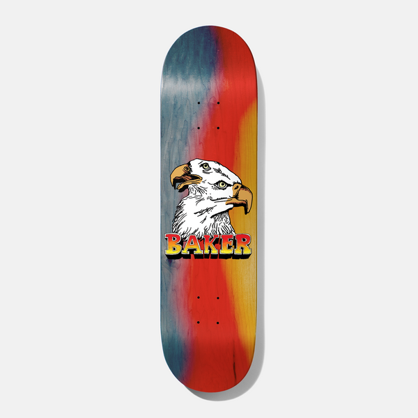 Baker Figgy Eagle Eyes 8.5 skateboard deck: Two white-headed eagles' heads facing opposite ways, with BAKER in red to yellow gradient lettering beneath, over a stained deck fading from grey-blue through red to yellow.