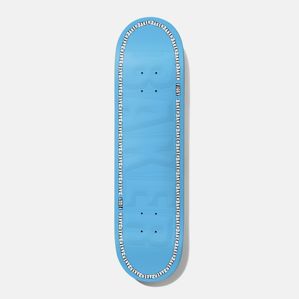 Baker Figgy Edge Blue Embossed 8.38 skateboard deck: Pale blue deck with a large embossed Baker logo in tonal blue and a repeating Baker text border running round the edge, with Figgy marked on the sides.