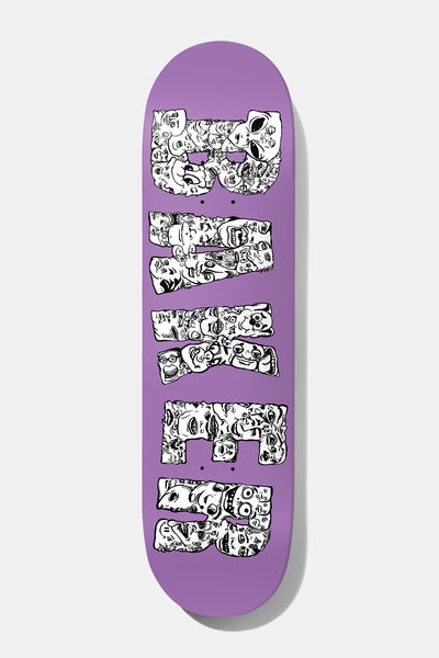 Baker Figgy Get Lost 8.0 skateboard deck: Lilac deck with the Baker name in large stacked block letters, each letter filled with a dense black and white mass of cartoon faces.