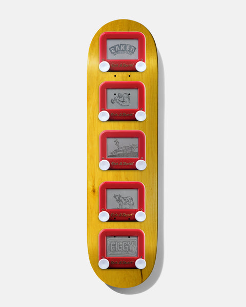 Baker Figgy Head On Collison 8.25 skateboard deck: Five red Etch A Sketch toys stacked down a natural yellow wood deck, with sketched drawings on the screens including a Baker logo, a collision, a skater on a ramp, a cow and the name Figgy.