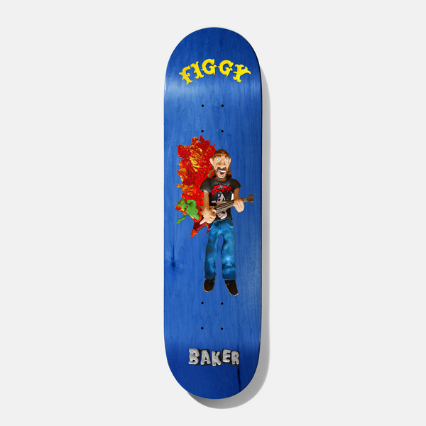 Baker Figgy Kazi 8.25 skateboard deck: Claymation-style figure of a bearded man in a band t-shirt and jeans playing a guitar, with a splash of red and orange paint and green behind him. Yellow 'FIGGY' lettering at the top and grey 'BAKER' at the bottom on a blue stain.