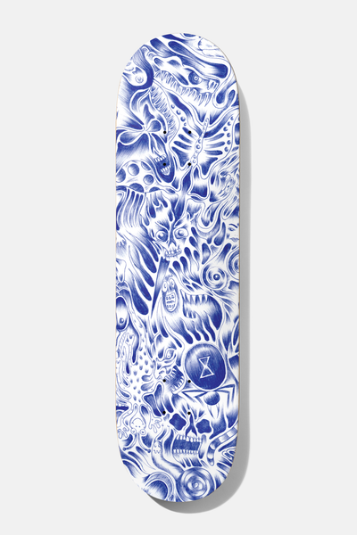 Baker Figgy Nightmare 8.38 skateboard deck: Dense all-over blue ballpoint-pen style drawing of tangled monsters, skulls, eyes, an hourglass and swirling shapes on a white deck.