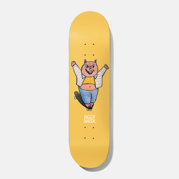 Baker Figgy Our Furry Friends B2 8.25 skateboard deck: Crayon-style cartoon of a smiling pink pig in a checked open shirt, yellow crop top and blue jeans, arms raised while riding a skateboard, on a plain yellow deck. 'Figgy Baker' lettering underneath.