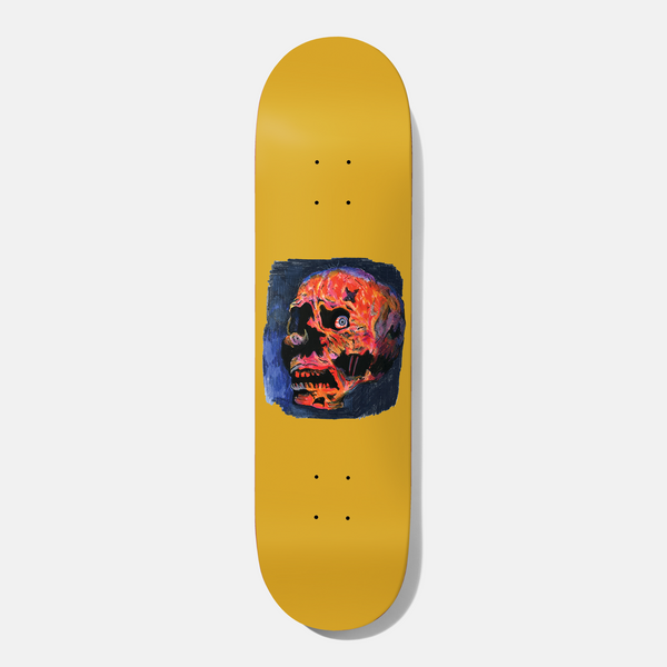 Baker Figgy Resurrection 8.0 skateboard deck: Painterly, rough skull in orange, red and black with blue-purple surround, in a square vignette in the centre of a mustard yellow deck.