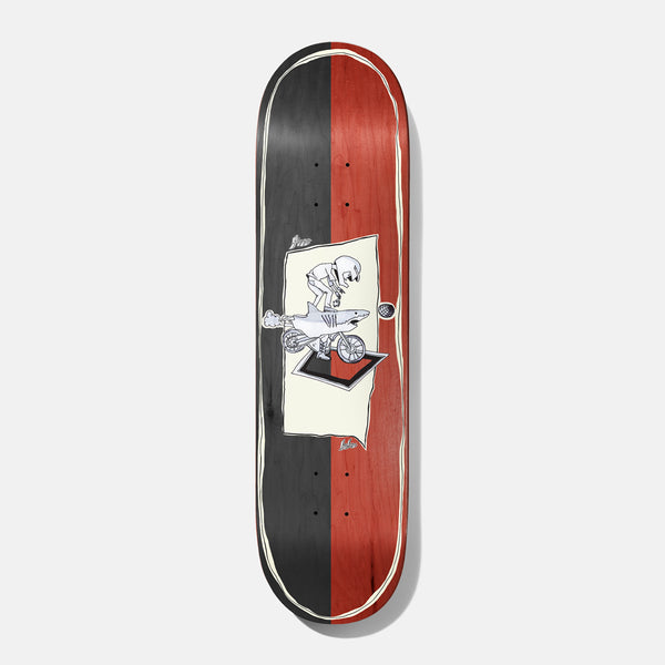 Baker Figgy Sharkocycle 8.5 skateboard deck: Split black and red-stained deck with a cream panel showing a helmeted skeleton riding a shark-shaped motorbike out of a box, with a cream outline around the edge.