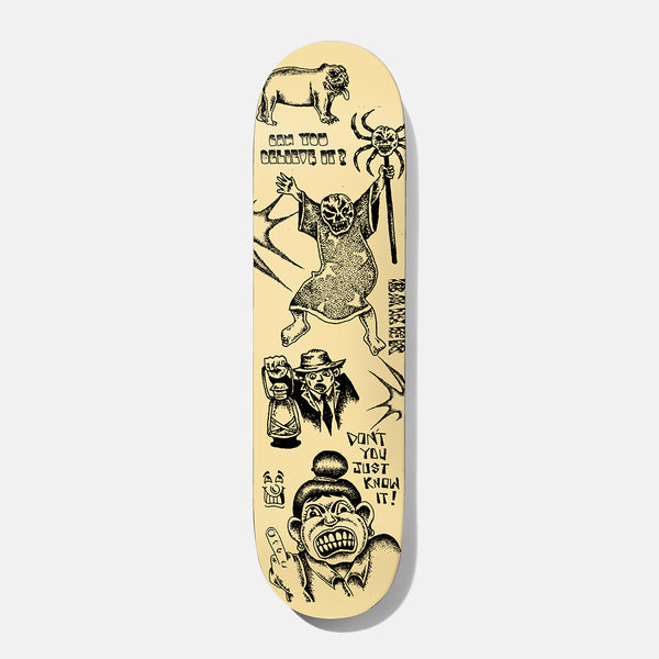 Baker Figgy Stop and Think 8.5 skateboard deck: Black line tattoo-flash style drawings on a cream deck: a bulldog, a robed figure with a skull face holding a spider staff, a hatted man with a lantern and a grimacing man giving the finger, with speech-like phrases.