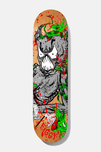 Baker Figgy Toxic Rats 8.0 skateboard deck: Grey cartoon monster with a cracked skull-like head and big white teeth, covered in splattered red blood and green hairy rat creatures, with an axe beside it, on a natural wood deck. Figgy signature at the foot.