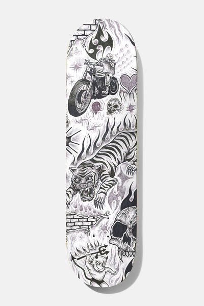 Baker Figgy Tryptic 8.125 skateboard deck: Dense black and white pen stipple collage of a crouching tiger, chopper motorcycle, skulls, flames, a heart, brick walls and a small devil, with touches of purple.
