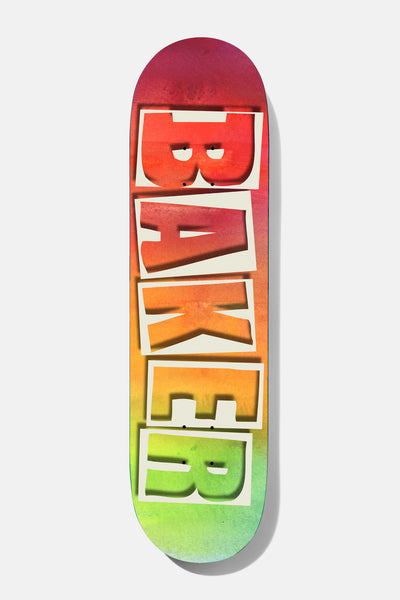 Baker Figgy Watercolor 8.0 skateboard deck: Large block-letter 'Baker' logo in off-white outline over a watercolour gradient running from magenta-red at the top through orange and yellow to lime green at the bottom.