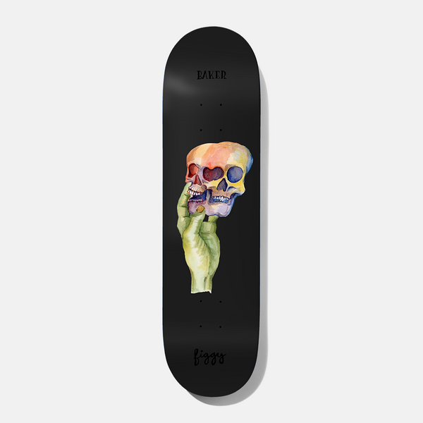 Baker Figgy Waters 8.125 skateboard deck: A watercolour-style green hand holding up two overlapping skulls tinted in yellow, orange, red and blue, on a black deck. 'Baker' is printed in small lettering at the nose and a handwritten 'figgy' at the tail.