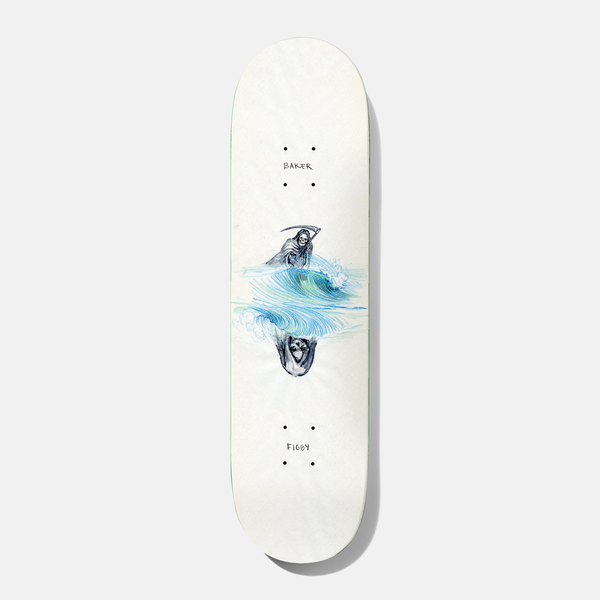 Baker Figgy Wave Reaper 8.0 skateboard deck: A small pencil-and-watercolour Grim Reaper with a scythe rides a blue-green wave, mirrored by an upside-down reflection below, on an off-white deck. Small black 'Baker' and 'Figgy' lettering sits near each end.