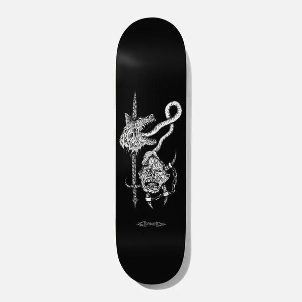 Baker Figgy Whiplash 8.0 skateboard deck: Black-and-white ink illustration of a snarling wolf head impaled on a spiked pole, with a horned, chained demon head and a coiled tail wrapping around it. Small Baker logo beneath.