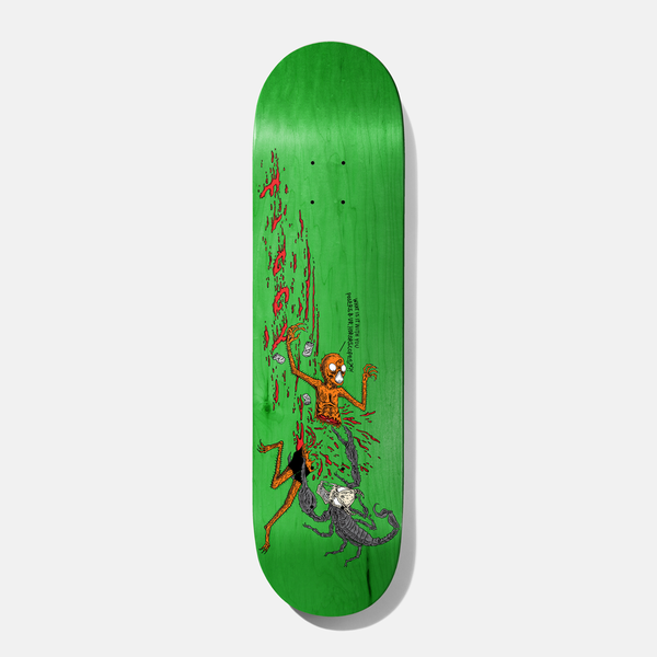 Baker Figgy Wizardry 8.125 skateboard deck: Green-stained deck with a crude cartoon of an orange, gutted figure sprawled in a spray of red blood, with a speech bubble. A grey scorpion-like creature with a pale head crouches below. Red Baker lettering runs down the left.