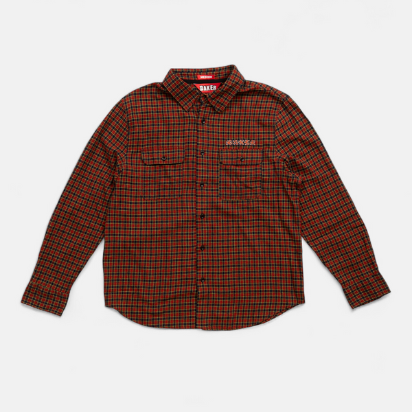 Baker Flames Plaid Flannel Button Up deck
