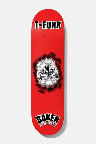 Baker Funk Bic Lords 8.25 skateboard deck: A black and white drawing of a split, two-faced skull framed by a spiky web-like tear, under bold 'T-FUNK' lettering on a plain red deck, with the Baker logo at the tail.