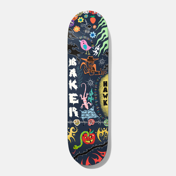 Baker Hawk Another Thing Coming 8.125 skateboard deck: Dark navy deck packed with colourful doodle-style illustrations: a bird, flowers, strawberry, lizard, cowboy figure, grinning apple with a snake, flames and a yellow sun, with Baker and Hawk in lettering.