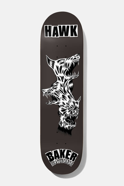 Baker Hawk Bic Lords 8.38 skateboard deck: A white-line drawing of a three-headed snarling dog with bared teeth stacked down the deck, under bold 'HAWK' lettering on a dark brown-black deck, with the Baker logo at the tail.