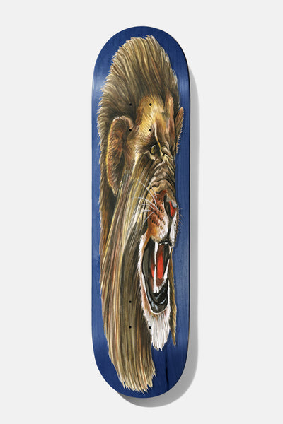 Baker Hawk Big Cats 8.38 skateboard deck: Painted side view of a roaring lion with a flowing mane and open mouth, stretched along the length of a blue deck.