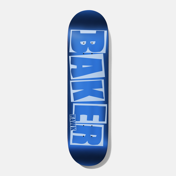 Baker Hawk Brand Name Blue Foil B2 8.5 skateboard deck: Large stacked Baker logo in light blue block capitals on a metallic blue foil deck, with a small HAWK name tucked beside the lower letters.