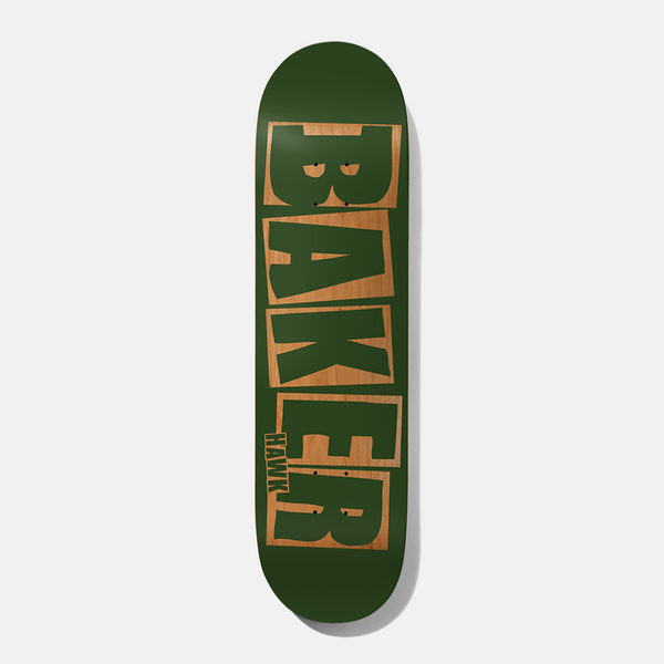 Baker Hawk Brand Name Green/Natural 8.5 skateboard deck: Large blocky 'Baker' letters in dark green, each letter boxed with the natural wood showing through, down a dark green deck. A small 'Hawk' is printed beside the lower letters.