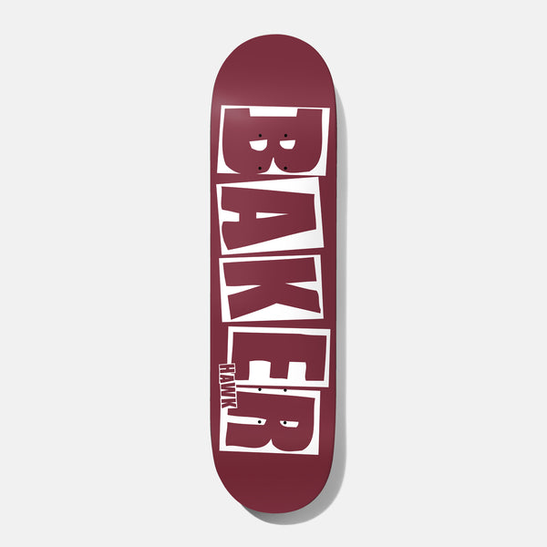 Baker Hawk Brand Name Maroon B2 8.0 skateboard deck: Plain maroon deck with the Baker logo in large maroon block letters on white tiles, with a small Hawk signature running up beside the E.