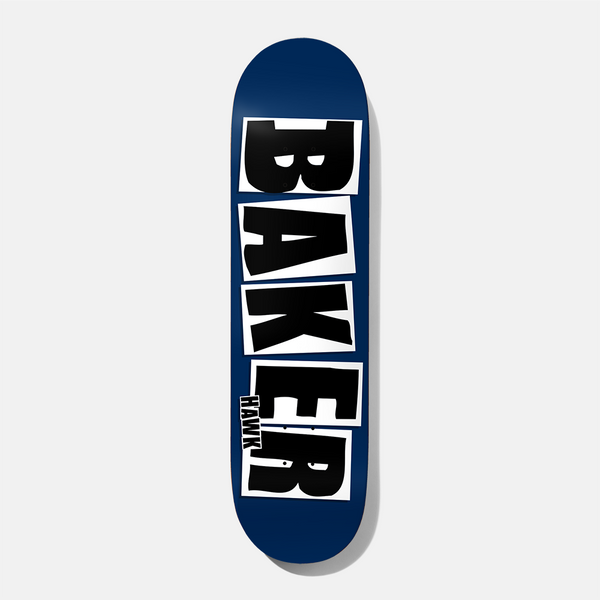 Baker Hawk Brand Name Navy Matte 8.25 skateboard deck: Large blocky black 'Baker' letters, each on a white box, stacked down a navy blue deck, with a small 'Hawk' printed beside the lower letters.