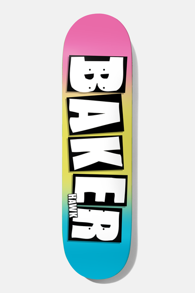 Baker Hawk Brand Name Sherbert 8.0 skateboard deck: Baker name stacked vertically in white letters on black tiles with small eyes, over a pink, yellow and cyan gradient. Hawk printed small beside the last letter.