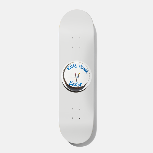 Baker Hawk Cake Boss 8.125 skateboard deck: Photo of a small white iced cake with two candles, piped in blue with the rider name and Baker, centred on a plain white deck.