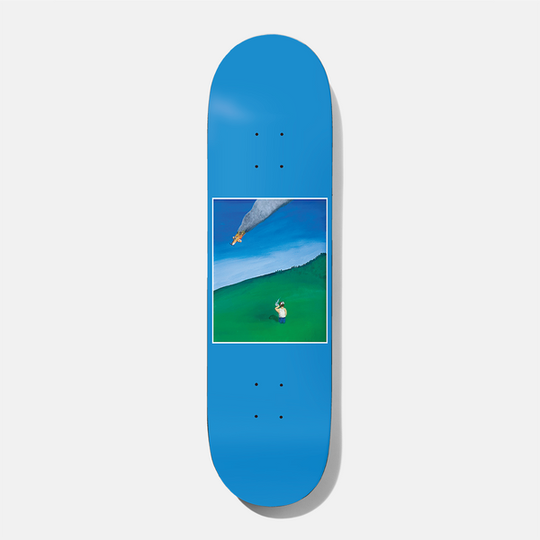 Baker Hawk Clear Blue Sky 8.125 skateboard deck: A small framed painting in the middle of a blue deck shows a man standing on a green hillside, pointing a gun at a burning plane trailing smoke across a blue sky.