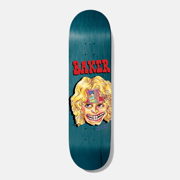 Baker Hawk Dome Door 8.5 skateboard deck: Teal stained deck with the Baker name in red lettering above a cartoon head of a grinning blond man with a small framed doorway showing a landscape set into his forehead, signed Hawk.