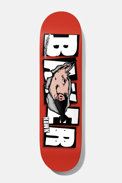 Baker Hawk Emergers 8.125 skateboard deck: A pig's head with a bandana tears through the middle of large white block Baker lettering on a red deck. A small 'HAWK' label sits beside the lower letters.