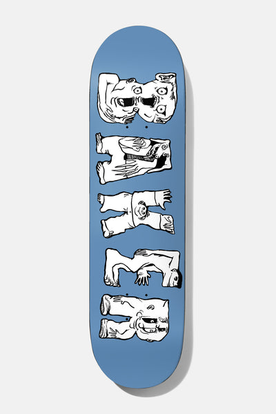 Baker Hawk Get Lost 8.125 skateboard deck: Blue deck with the Baker name in stacked white letters drawn as crudely sketched, contorted cartoon bodies and faces, in black outline.