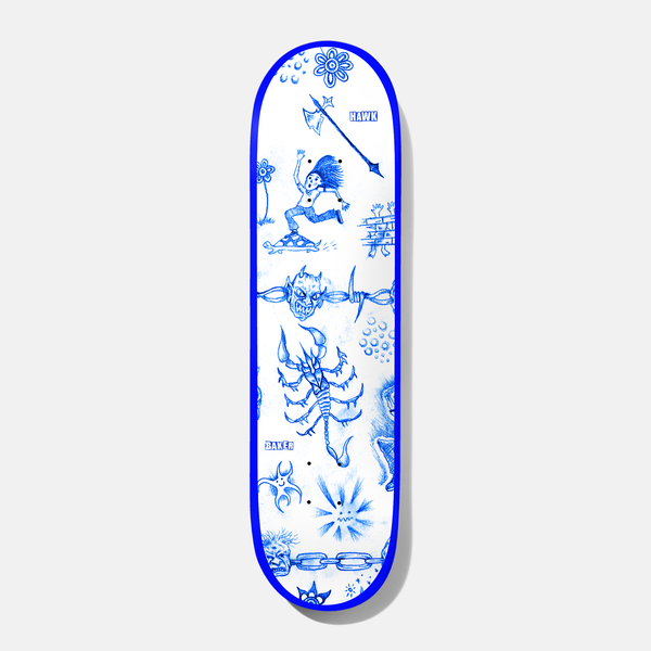 Baker Hawk Lunacy 8.25 skateboard deck: Blue ink tattoo-flash style doodles on white: a long-haired skater leaping on a board, a battle axe, a horned demon head on barbed wire, a scorpion, chains, flowers and a bricked figure, edged with a blue rim.