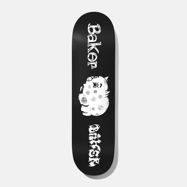 Baker Hawk Piggy B2 8.125 skateboard deck: Black deck with a white stippled piggy bank pig decorated with small flowers and a curled eyelash, between the word Baker in a rough serif face and a gothic-style BAKER logo upside down at the tail.