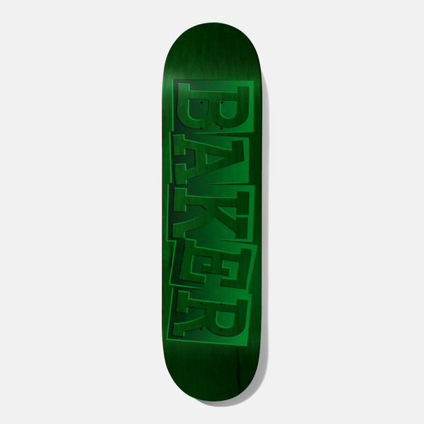 Baker Hawk Ribbon Name Green B2 8.5 skateboard deck: The Baker name in large stacked, slightly tilted block capitals filling the deck, tone on tone in shades of green on a green stained deck.